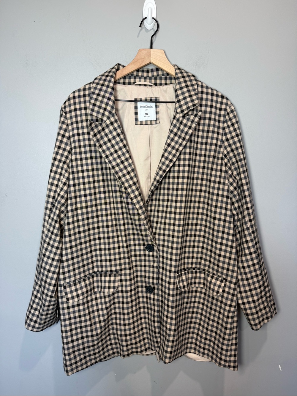 Social Tourist XL Gingham Oversized Blazer Jacket Black Tan Check
